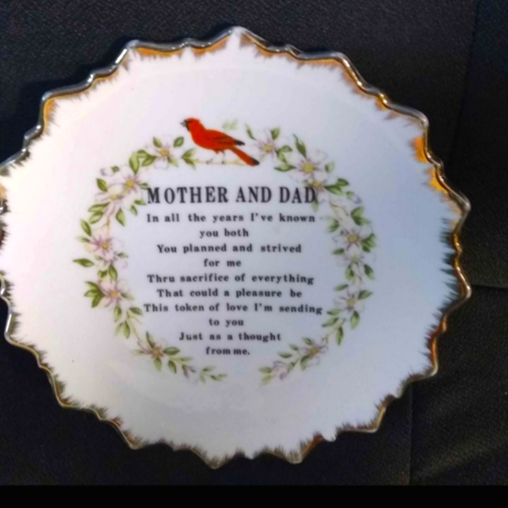 Vintage Decorative Mother and Dad Plate. With Gold Plated Trim.